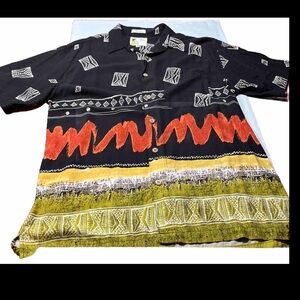 Retro crazy print BLACK Olive RED button up SHIRT RAYON funky Hawaiian mens Med